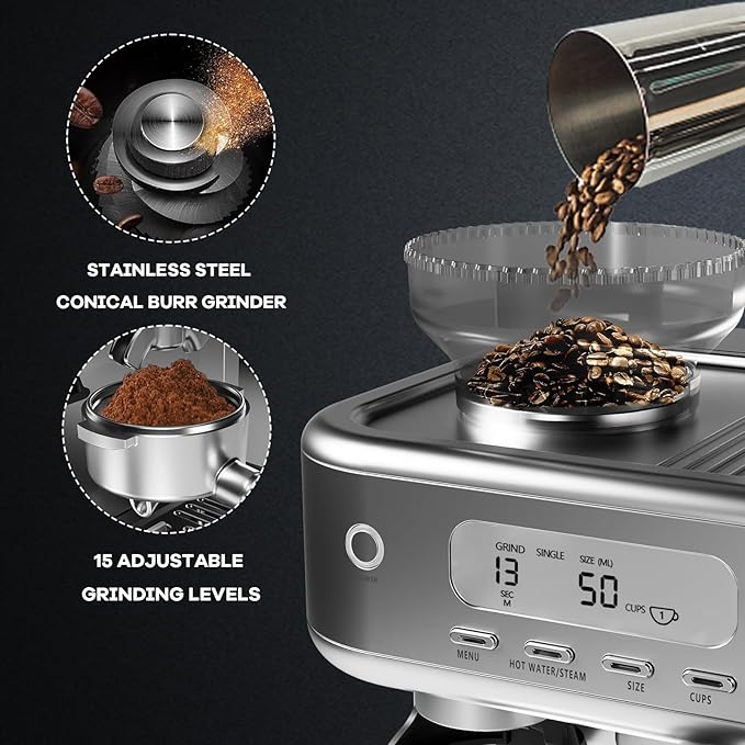 IDEALHOUSE Espresso Maker with Grinder, Milk Frother, 15 Bar Pump, 15 Grind
