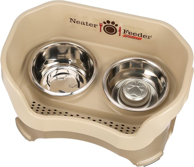 Neater Feeder Deluxe Mess Proof Dog Bowls Elevated for Medium Sized Breeds – Made in USA – No Spill Raised Slow Feeder Elevated Dog Bowl Stand, Stainless Steel Food and Water Bowl Set, Cappuccino