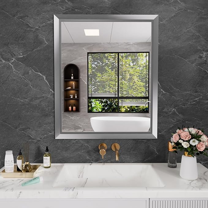 Amorho 30x36 Inch Bathroom Mirror Silver, Thick Metal Framed Wall Mirrors