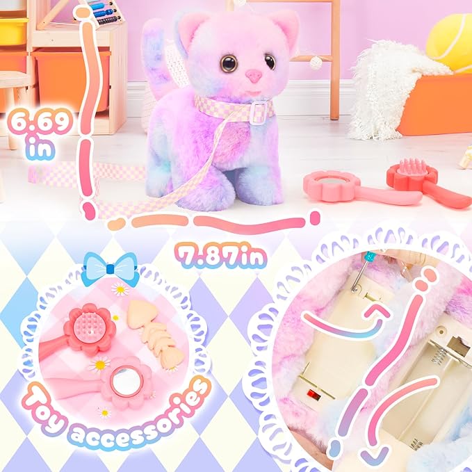 Tagitary Plush Toys Cat for Kids,Interactive Electronic Cat Toys That Can Move,Meow and Wag Tail,Stuffed Toys for Kids with Leash,Easter Christmas Birthday Gift for Toddlers Kids