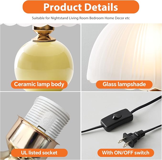 Ceramic Table lamp Set of 2, Modern Bedside Lamps Mid Century Vintage Desk Lamp Retro Glass Mushroom Traditional Lamp for Nightstand Living Room Bedroom Home Decor (S05YE-2PACK)