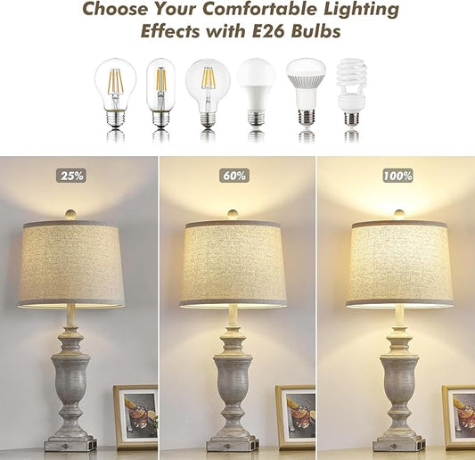27.5" Set of 2 Farmhouse Table Lamps for Bedroom, 3 Way Dimmable Bedside Lamp with 2 USB +AC Outlet Nightstand Lamps for Living Room Resin Rustic Touch Lamps (Antique Gray)