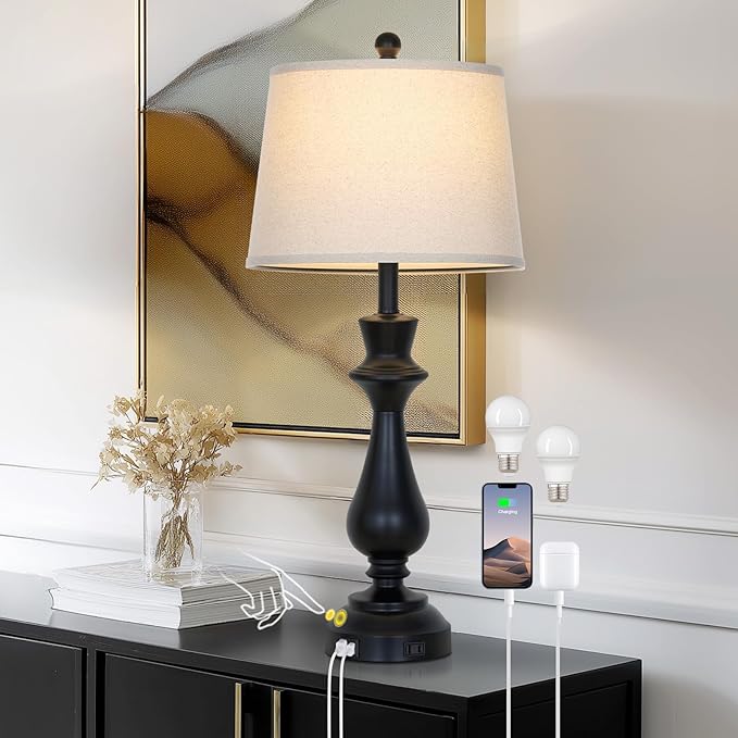 Modern Black Table Lamp for Living Room,30" Tall Bedside Lamp with USB Charging Port,3-Way Dimmable Touch Nightstand Lamp for Bedroom Desk Side Table Office,Black-1P