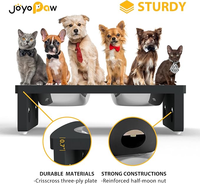Elevated Dog Bowls, Bamboo Raised Dog Bowl for Small Dogs & Cats, with 2 Stainless Steel Bowls (4'' Tall-20oz Bowl, Black)