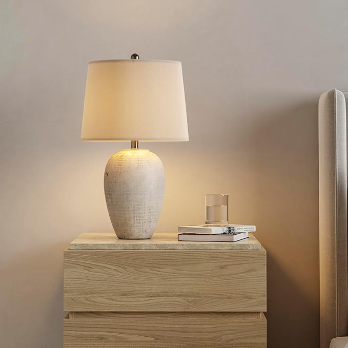 Nourison Home 23" Distressed Cream/Beige Rustic Ceramic Jar Table Lamp for Bedroom, Living Room, Dining Office, with Ivory Shade