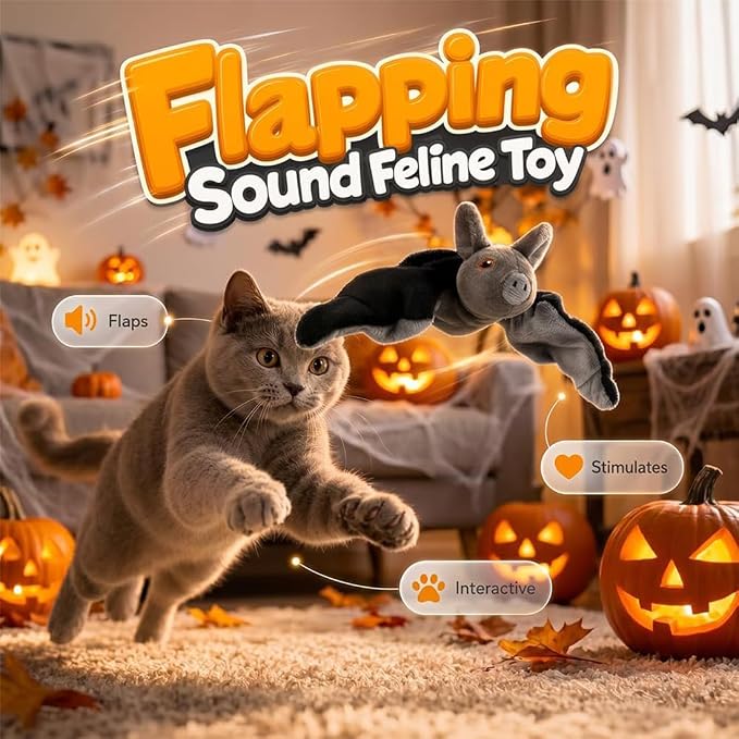 Flying Bat Dog Toy, Flapping Wings Interactive Chirping Pet Teaser, Remote Control Rechargeable Halloween Bat Toy with Catnip Filling, Electric Simulation Flying Motion Toy for Cats Dogs,1pc