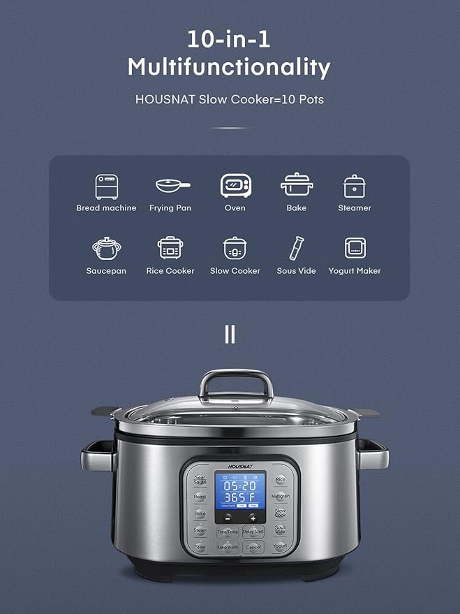 HOUSNAT Slow Cooker, 10 in 1 Programmable Cooker, 304 Stainless Steel Rice