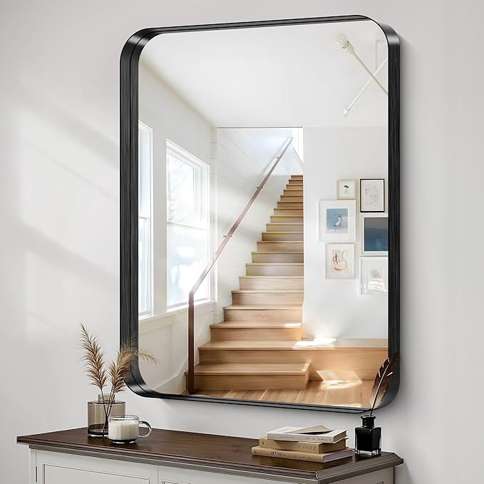 CIRCUMI Black Bathroom Mirror, Rounded Corner, Tempered Glass, Large Mirror