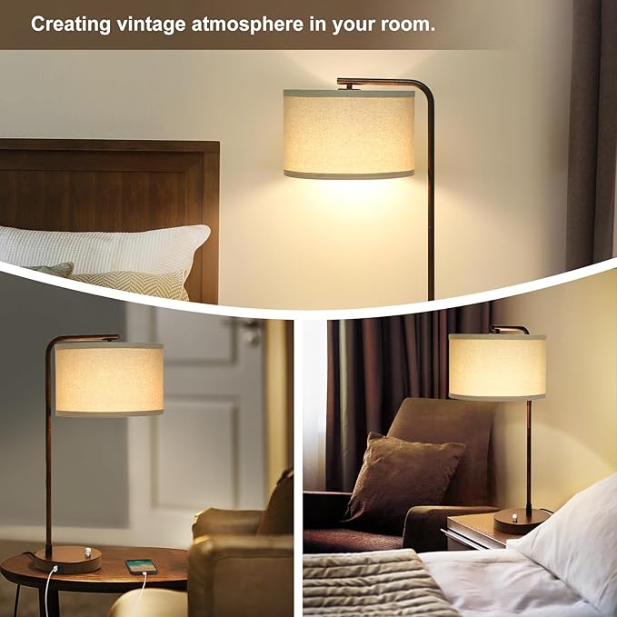 Vintage Table Lamp, Fully Dimmable Table Lamp with C+A USB Charging Ports, Farmhouse Bedside Lamp Nightstand Light, Tall Reading Desk Lamp for Living Room, Bedroom, Office, 9W LED Bulb Included