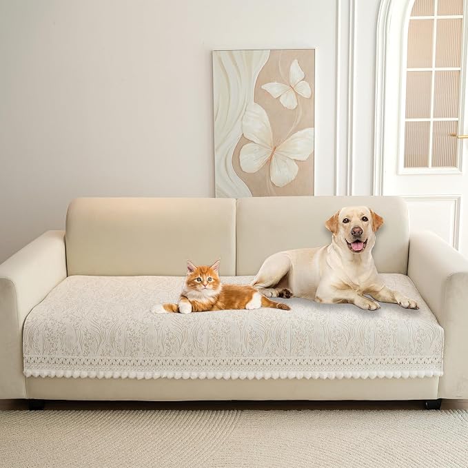 HANDONTIME Chenille Pet Couch Cover Floral Pattern – Soft Fringed Edges, Non-Slip Washable Sofa Slipcover, Jacquard Sofa Cushion Cover, Protects Furniture from Dogs, Cats & Kids (Khaki,35.4" x 70.9")