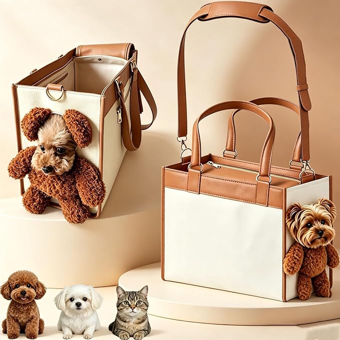 Teddy Bear Dog Carrier Bag, Teddy Carrier Bag for Dogs and Cats, Portable PU Leather Shoulder Tote with Plush Ears, Portable Convenient,White Brown Color Scheme M