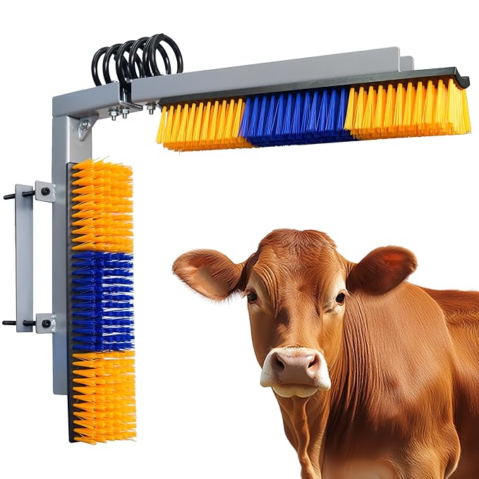 Livestock Scratch Brush With Spring Iron Holder,Animal Back Scratching Brush Including 4pcs goat brushes, 4 stands and accessories For Cow,Cattle,Sheep, Horses,Pigs,Massage Grooming Tool(Yellow)