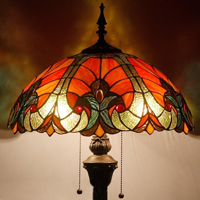 WERFACTORY Tiffany Floor Lamp Red Brown Liaison Stained Glass Standing Reading Light 16X16X64 Inches Antique Pole Corner Lamp Decor Bedroom Living Room Home Office S160R Series
