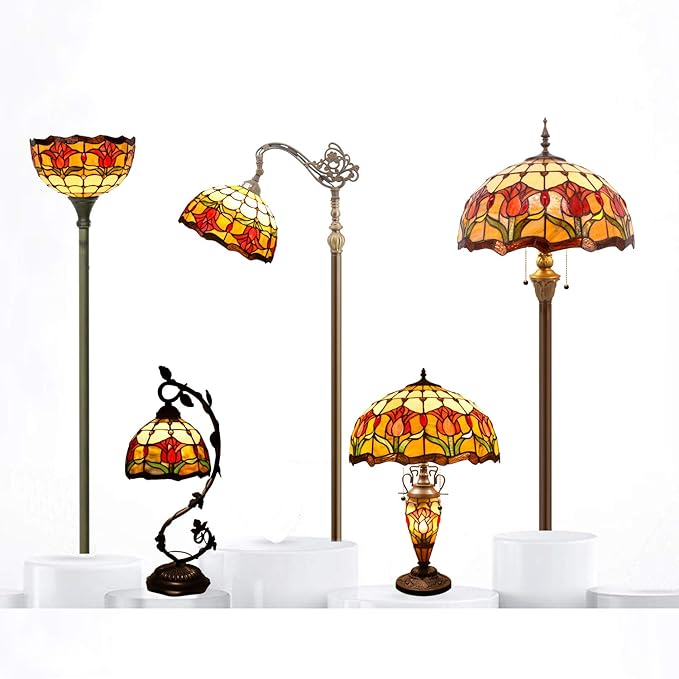 WERFACTORY Tiffany Floor Lamp Red Amber Tulip Flower Stained Glass Standing Reading Light 16X16X64 Inches Antique Pole Corner Lamp Decor Bedroom Living Room Home Office S030 Series