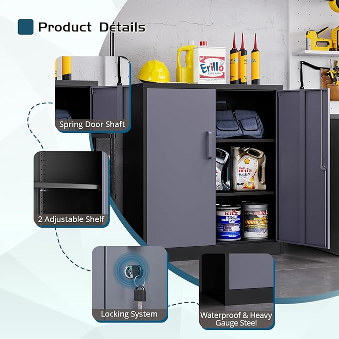 MIIIKO Metal Storage Cabinet, Base Cabinets 2 Door, Steel Storage Cabinets