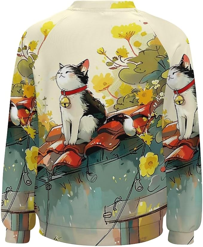 Womens Long Sleeve Tops Y2k Japanese Art Print Sweatshirts Fall Pullover for Women Crewneck Vintage Shirts Boho Tops