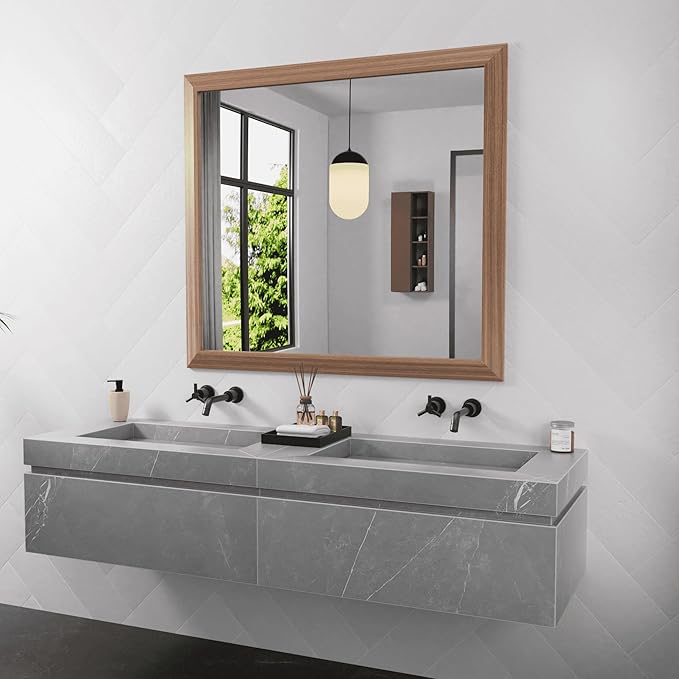 Amorho Bathroom Mirror, 40x36 Inch Wall Mirror, Walnut Wood Grain Metal Framed