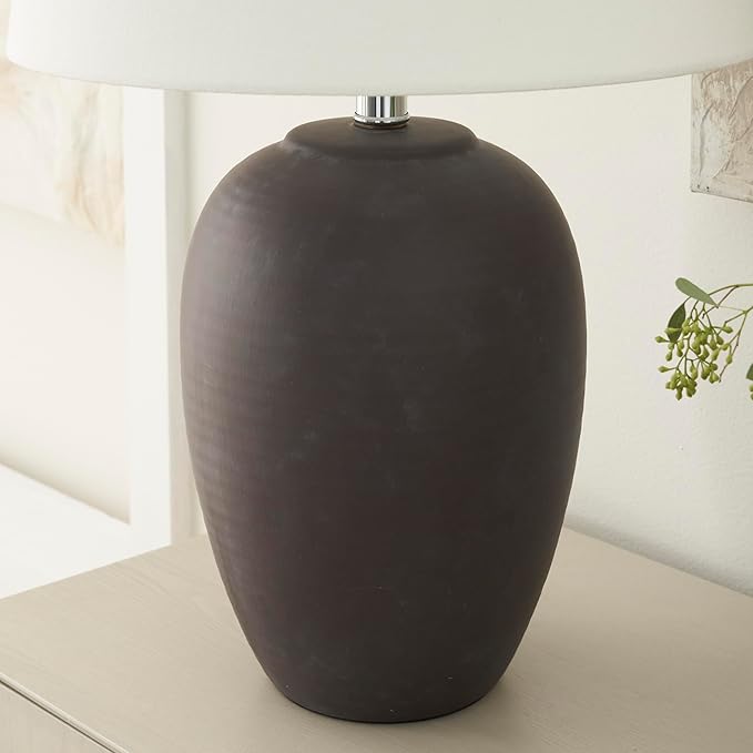 Nourison Home 23" Dark Purple Distressed Ceramic Pot Table Lamp for Bedroom, Living Room, Dining, Office, with White Shade