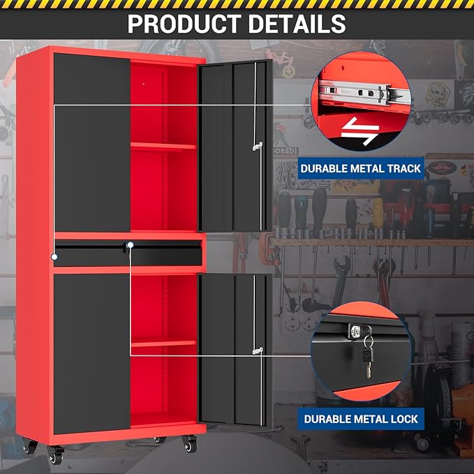 73" Metal Cabinet-Black & Red Heavy Duty Rolling Storage Cabinet Steel Tool