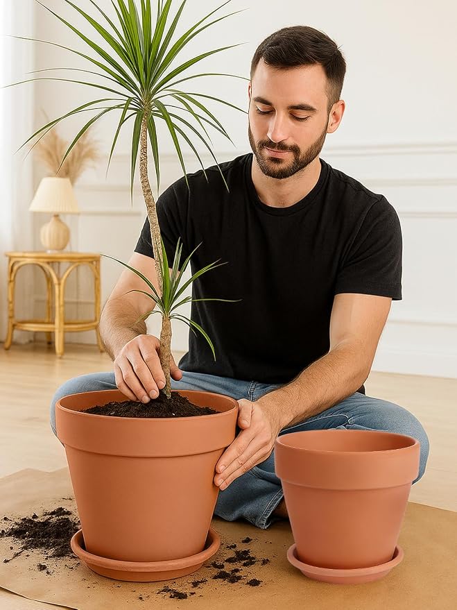 INGOFIN Terracotta Pot with Saucer 10&12 Inch - Ceramic Clay Pot for Plants with Drainage Hole, Large Terra Cotta Flower Planter with Tray for Indoor Outdoor Plants
