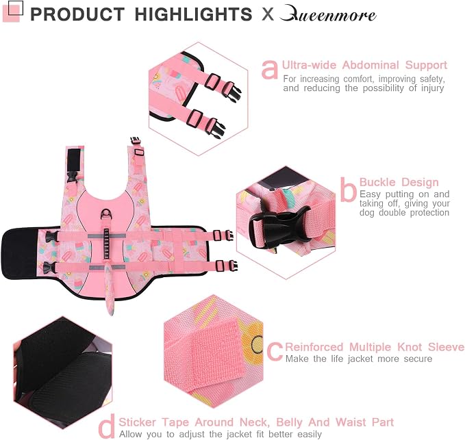 Dog Life Jacket High Flotation, Reflective Dog Life Vests for Swimming, Adjustable Dog Life Preserver Rescue Handle Spring Summer Pool for Small, Medium, Large Dogs (Pink Ice Cream,S)