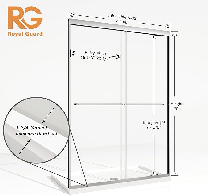 Shower Door, 44-48" W x 70" H Semi-Frameless Double Sliding Shower Doors