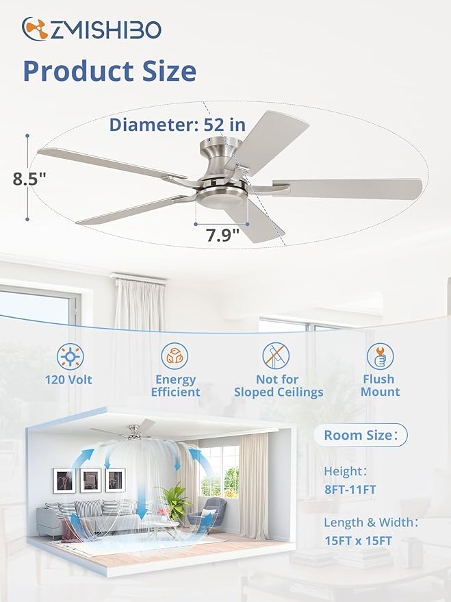 ZMISHIBO 52 Inch Ceiling Fan No Light, Flush Mount Low Profile, Modern Nickel
