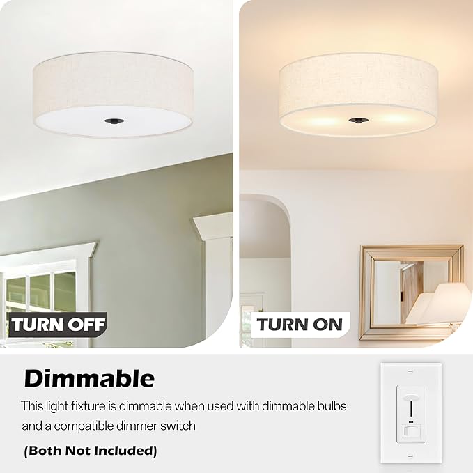 12.6 Inch Flush Mount Ceiling Light 2-Light Drum Modern Black Light Fixture Ceiling Light Fixture Close to Ceiling Light Fixture with Fabric Shade for Living Room Hallway Entryway Kitchen Bedroom
