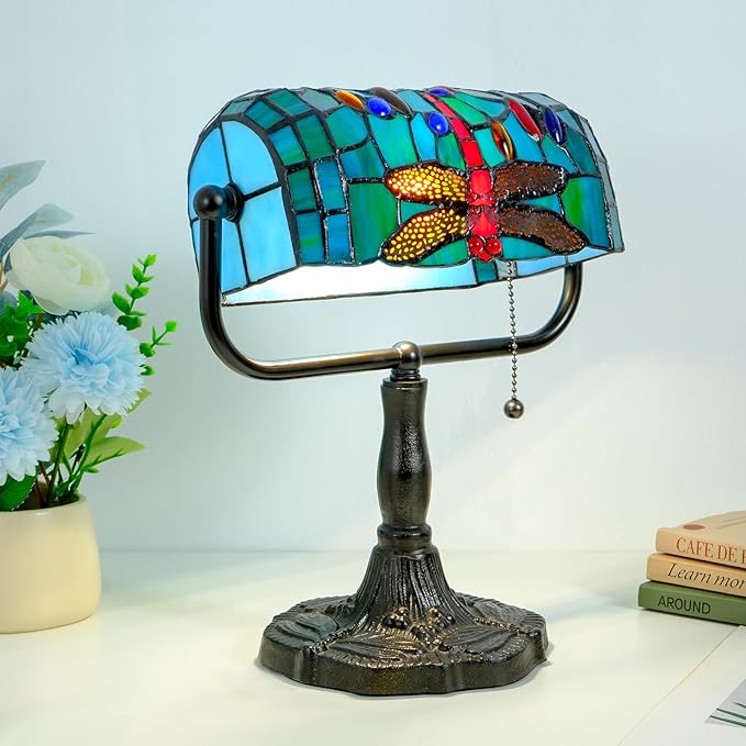 Vintage Tiffany Style Bankers Lamp - Stained Glass Desk Lamp with Pull Chain, Dragonfly Design Table or Desks Light LED Bulb Included, Bankers Desk Lamps for Office Living Room Study Room