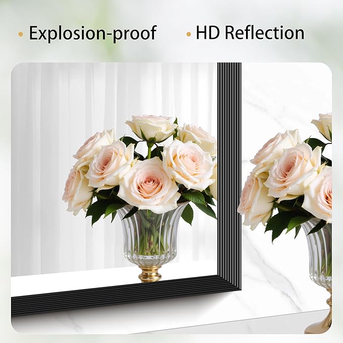 Black Bathroom Mirror 30 x 36 Inch Rectangle Wave Beveled