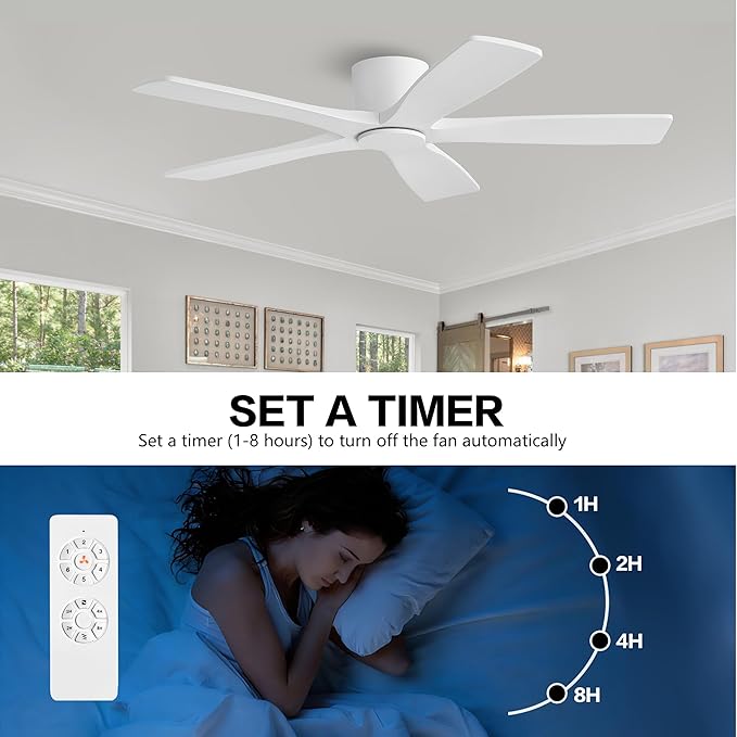 WINGBO 48" Flush Mount DC Ceiling Fans Without Lights, 5 Carved Solid Wood