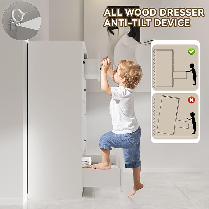 Dresser with Power Outlets Wooden 6 Drawer Dresser with Large Organizer White