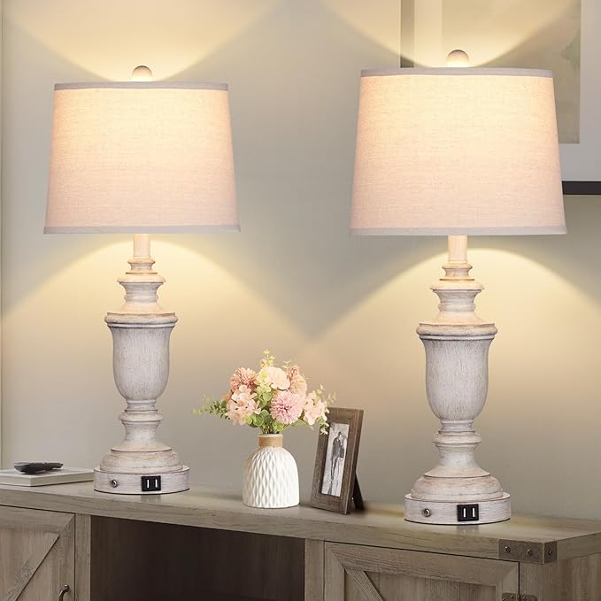 Farmhouse Table Lamps Set of 2 with USB Charging Port for Rustic Living Room Retro Bedroom,3-Way Dimmable Touch Lamp Resin Bedside Lamps for Nightstand Side End Table,Color 2