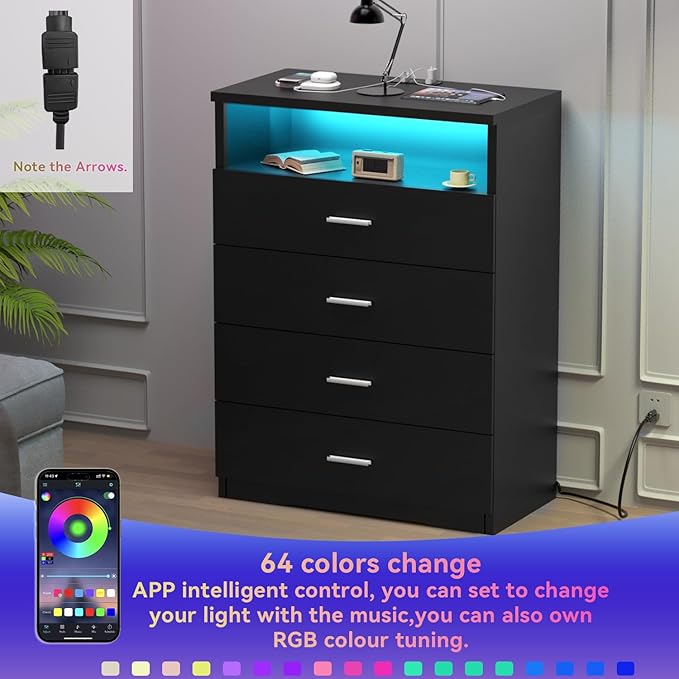 Dresser with Power Outlets and LED Lights Wooden 4 Drawer Dresser with Large