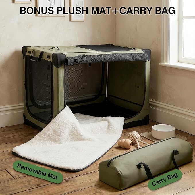 Veraste 24" Soft Collapsible Travel Dog Crate for Small Medium Pets,Green | 4-Door Foldable Travel Crate,breathable mesh, foldable with storage bag