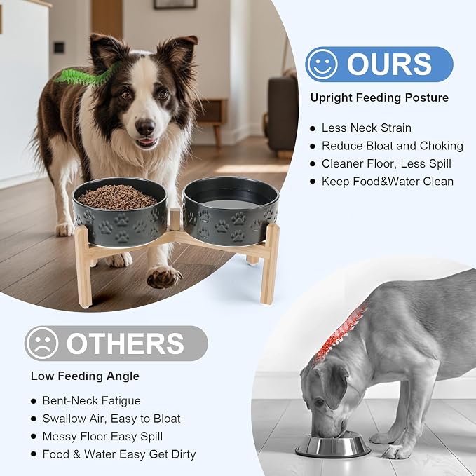 SPUNKYJUNKY Elevated Dog Bowls Ceramic, 7.3'' Dogs Food Water Bowls Raised with Non-Slip Bamboo Stand for Medium to Large Sized Breed Microwave Dishwasher Safe - 42 OZ,Paw Black