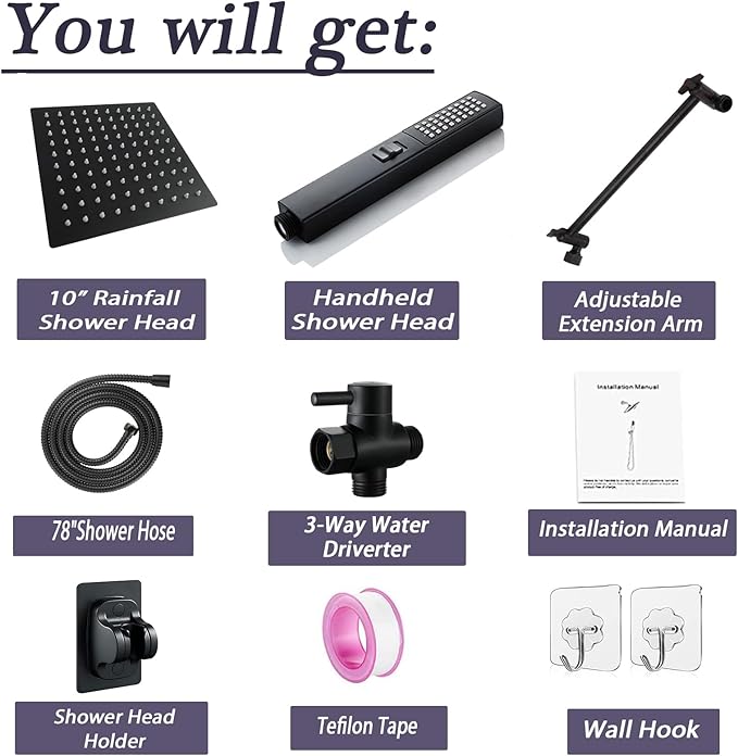 10" High Pressure Square Rainfall Shower Head and 2-in-1 Hand Shower, Rainfall