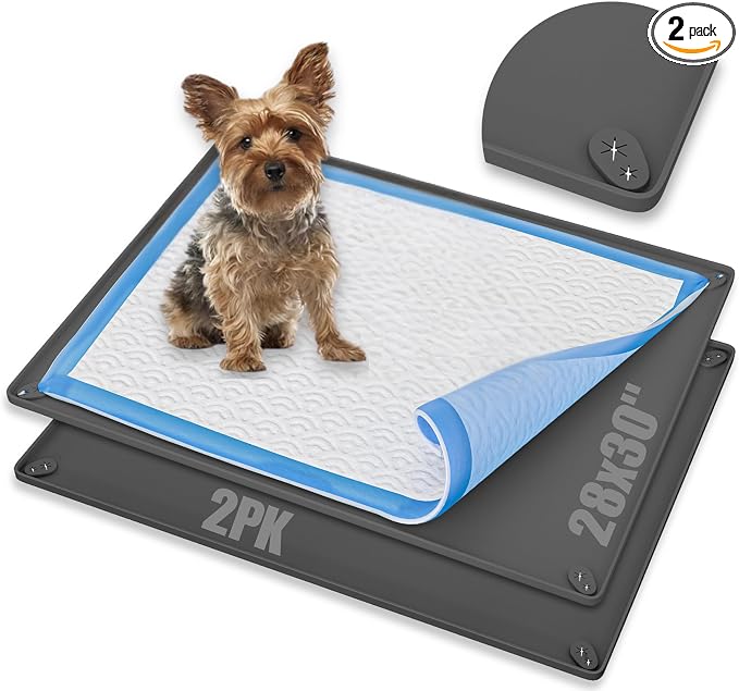 Dog Pee Pad Holder Tray Fits for 28” x 23” Pee Pads - 2 Pack - Grey | Corner Lock Holes, Raised Edges, Non-Spill, Easy to Clean Silicone Dog Potty Tray Holder, For Indoor Floor Protection