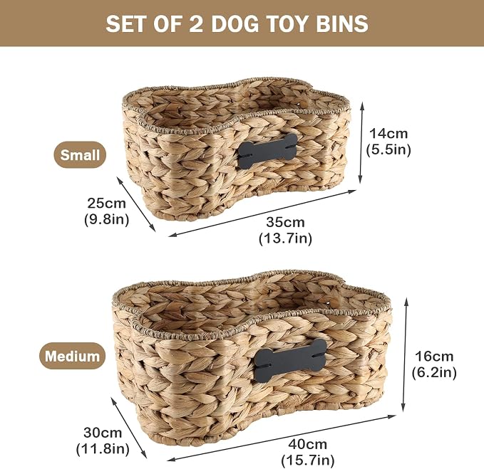 Set Of 2 Pet Dog Toy Basket-Dog Bone Basket-Wicker Basket for Pet Stuff-Dogs Toy Box for Living Room Area-Handmade Water Hyacinth Baskets with DIY Tag 