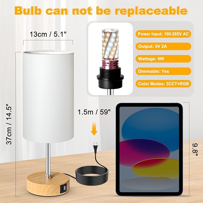 Unicozin Small Table Lamp, 3CCT & 7 RGB Color Changing, Dimmable Nightstand Lamp with Wood Grain Base, Touch Bedsides Lamp for Bedroom, Office, Kids Room, Nursery, Party, White Shade