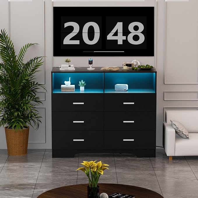 Dresser with Power Outlets and LED Lights Wooden 6 Drawer Dresser with Large
