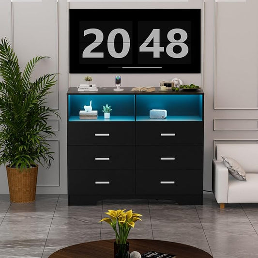 Dresser with Power Outlets and LED Lights Wooden 6 Drawer Dresser with Large