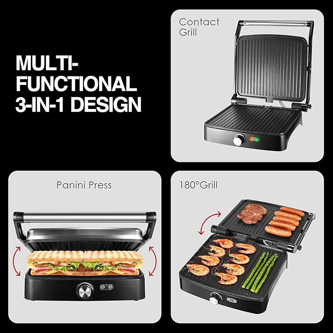OSTBA Panini Press Grill with Adjustable Temperature, 4-Slice Indoor Grill