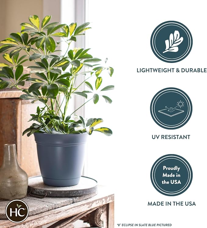 The HC Companies Eclipse Round Planter with Saucer - Outdoor & Indoor Plant Pot with Drainage Holes - Lightweight, UV-Resistant Plastic Pots for Plants, Flowers & Herbs (20" Cottage Stone, Pack of 1)