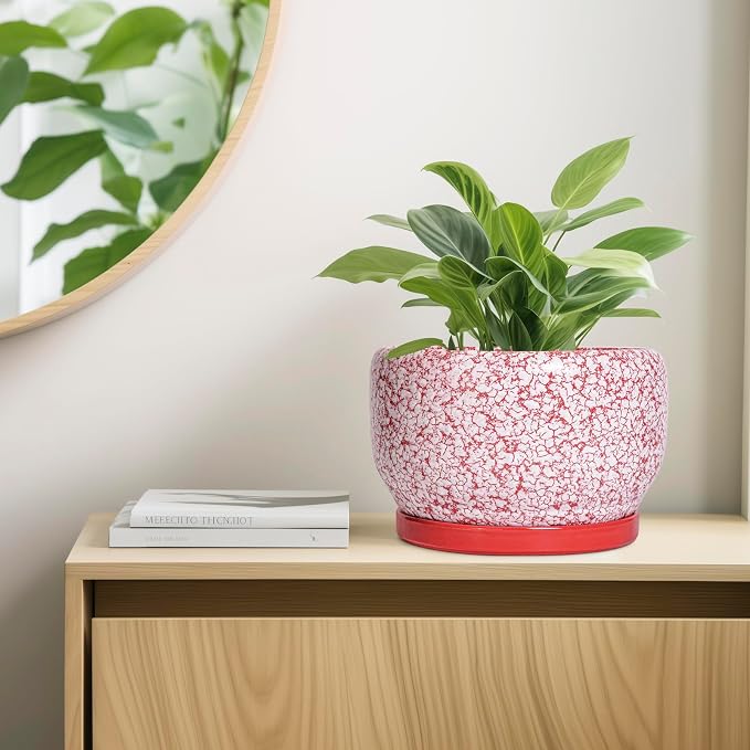 SQOWL Ceramic Planters for Indoor Plants - 10 Inch Flower Pots with Drainage Hole and Saucer, Decorative Ceramic Plant Pots, Round Large Planter Outdoor, Room Decor, Housewarming Gifts, Red and White