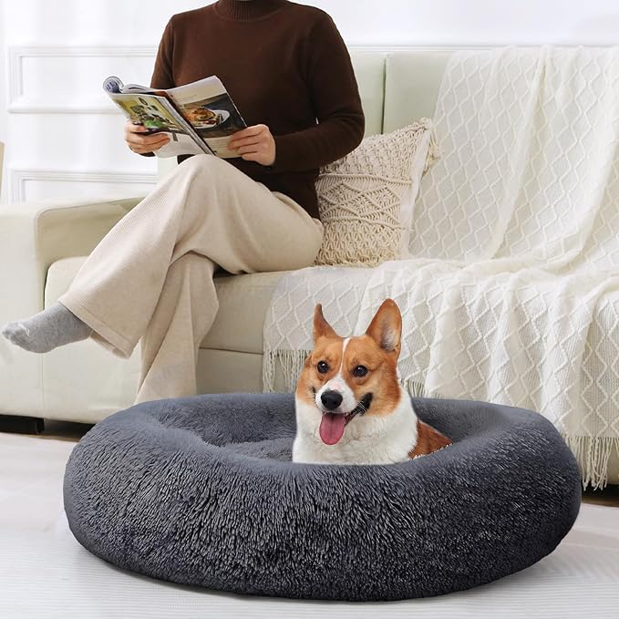 JOLLYVOGUE Dog Bed, Calming Anti-Anxiety Large Dog Bed, Fluffy Donut Cushion for Medium and Large Pets (27"/30"/36")