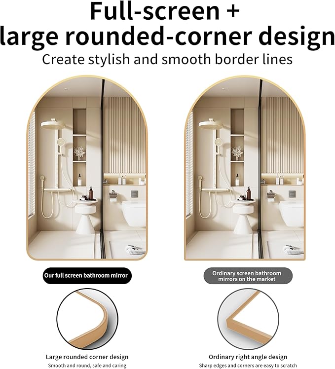 30x40 inch Gold Tempered Glass Large Arched Mirror