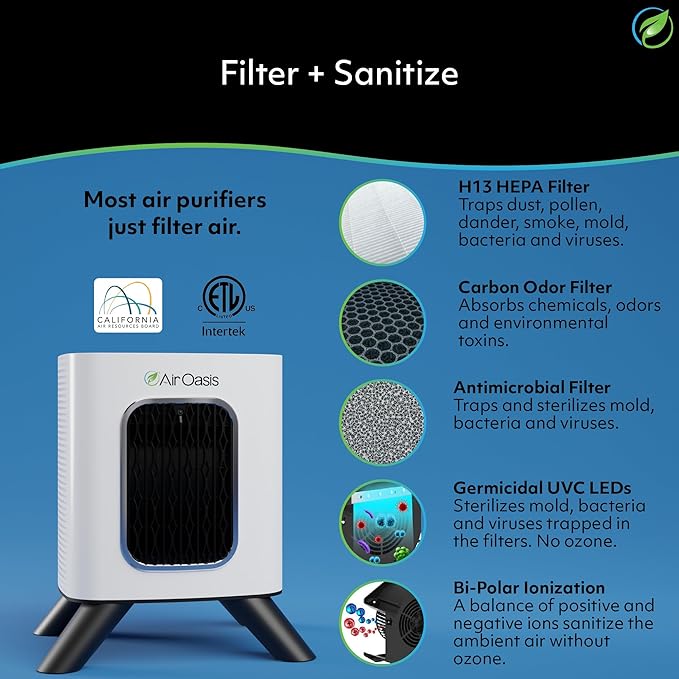 Air Oasis iAdaptAir 2.0 H13 HEPA Filter Air Purifier Reduces 99% of Viruses
