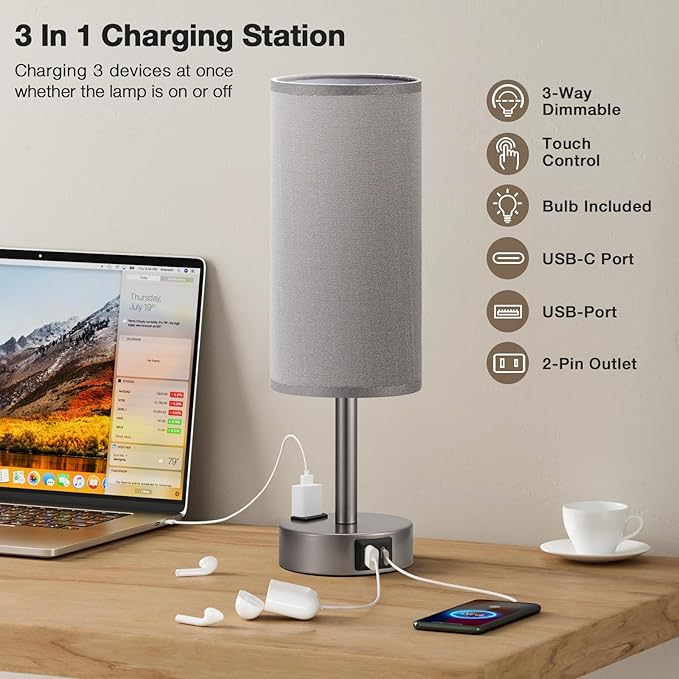 Fenmzee Grey Bedside Table Lamp for Bedroom - 3 Way Dimmable Touch Lamp USB C Charging Ports and AC Outlet, Small Lamp for Living Room, Desk, LED Bulb Included