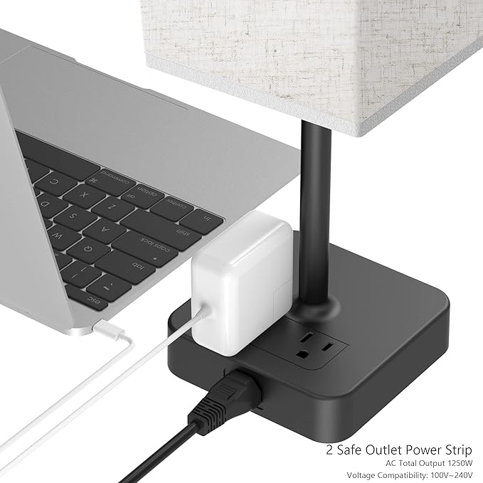 Touch Control Bedside Table Lamp with USB C & USB A Charging Port and 2 AC Outlet, Minimalist LED Desk Light with Charger Base Brown Fabric Shade for Bedroom/Nightstand/Office